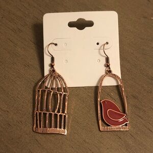 Copper Tone Birdcage Earrings with Red Bird